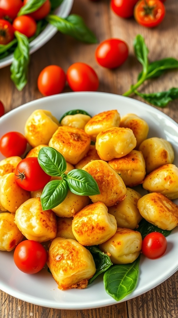 Crispy Pan-Seared Gnocchi Recipe Crispy pan-seared gnocchi with cherry tomatoes and spinach on a rustic table.